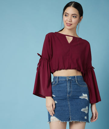 Chimpaaanzee Women Flared Sleeve Crop Maroon Top