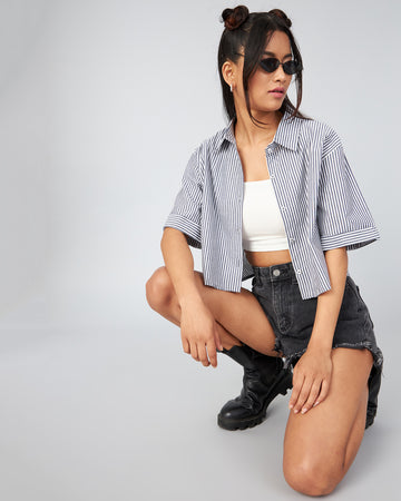Chimpaaanzee Women Viscose Black & White Striped Loose Fit Crop Shirt