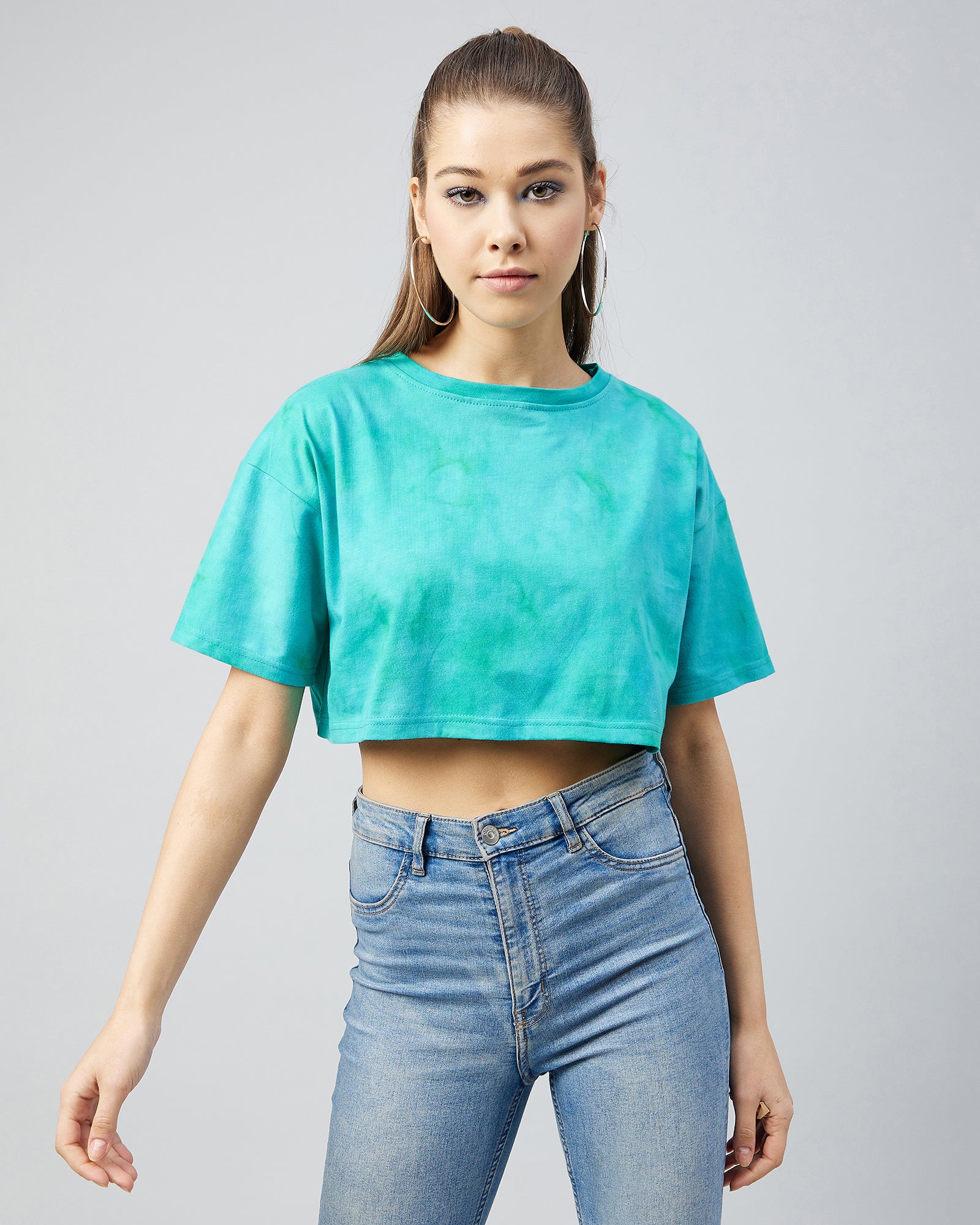 Chimpaaanzee Women Cotton Tie Dye Green loose Fit Crop T-shirt