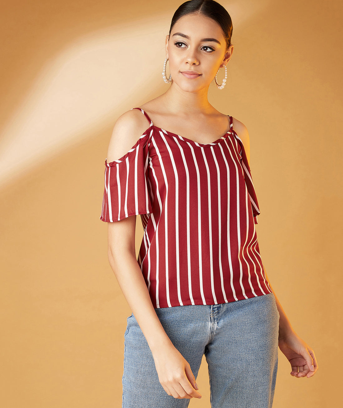 Chimpaaanzee Women Cold Shoulder Sleeve Striped Crepe Top