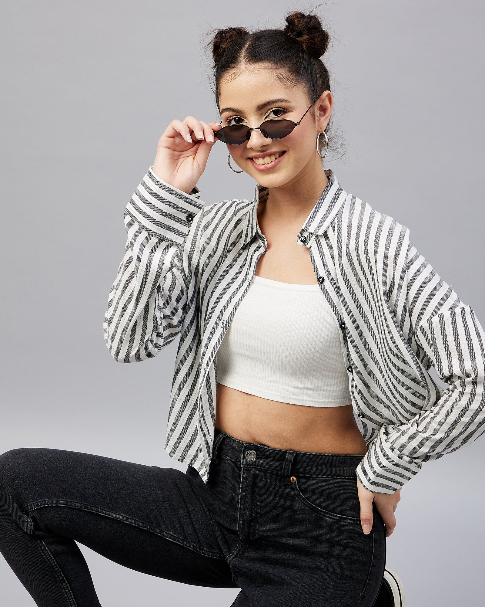 Chimpaaanzee Women Viscose Black & White Striped Drop Shoulder Crop Shirt