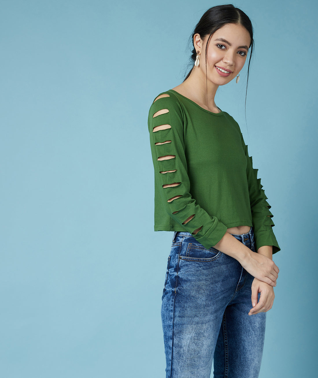 Chimpaaanzee Women Ripped Sleeve Cropped Green Tee