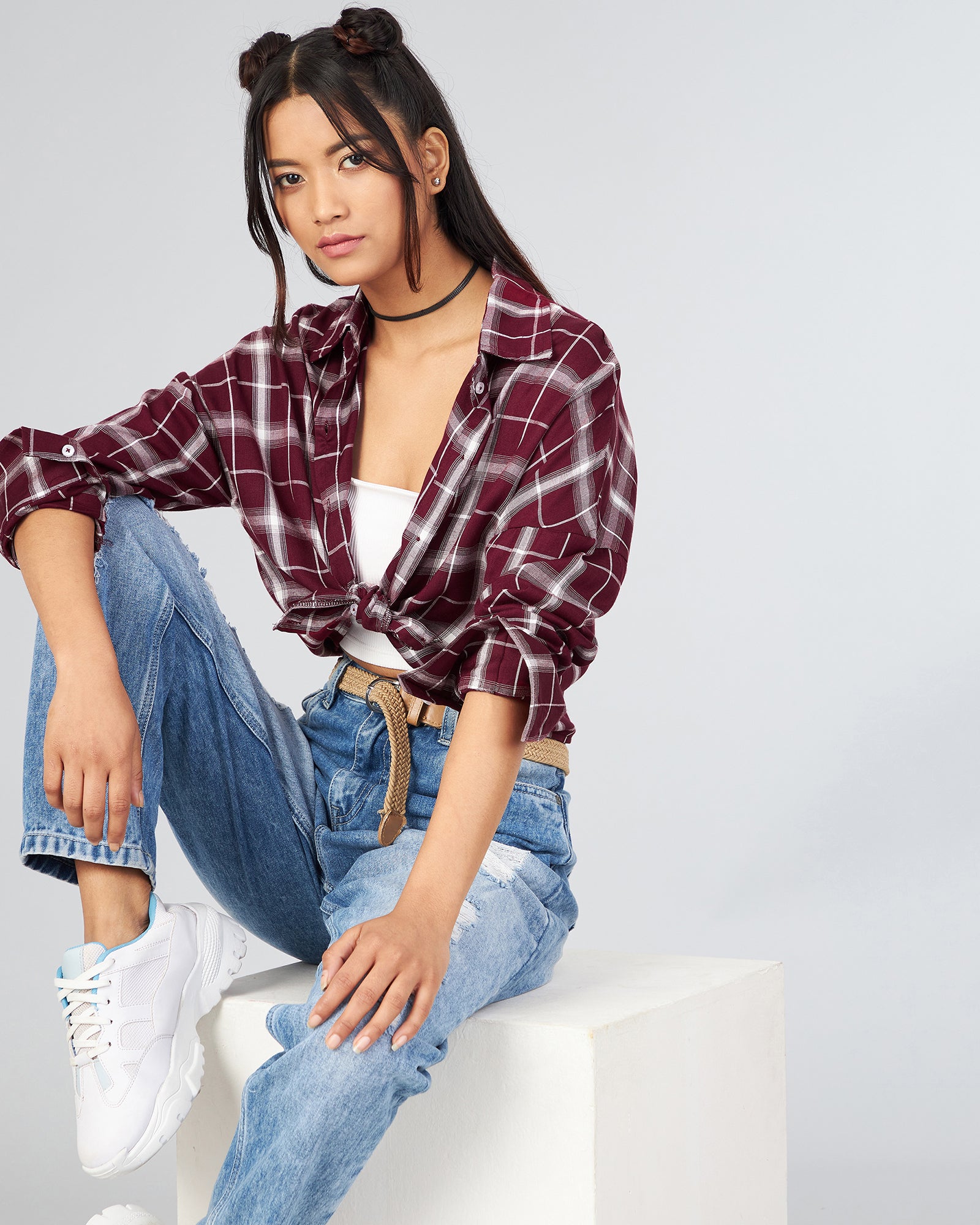 Chimpaaanzee Women Viscose Maroon Checkered Crop Shirt