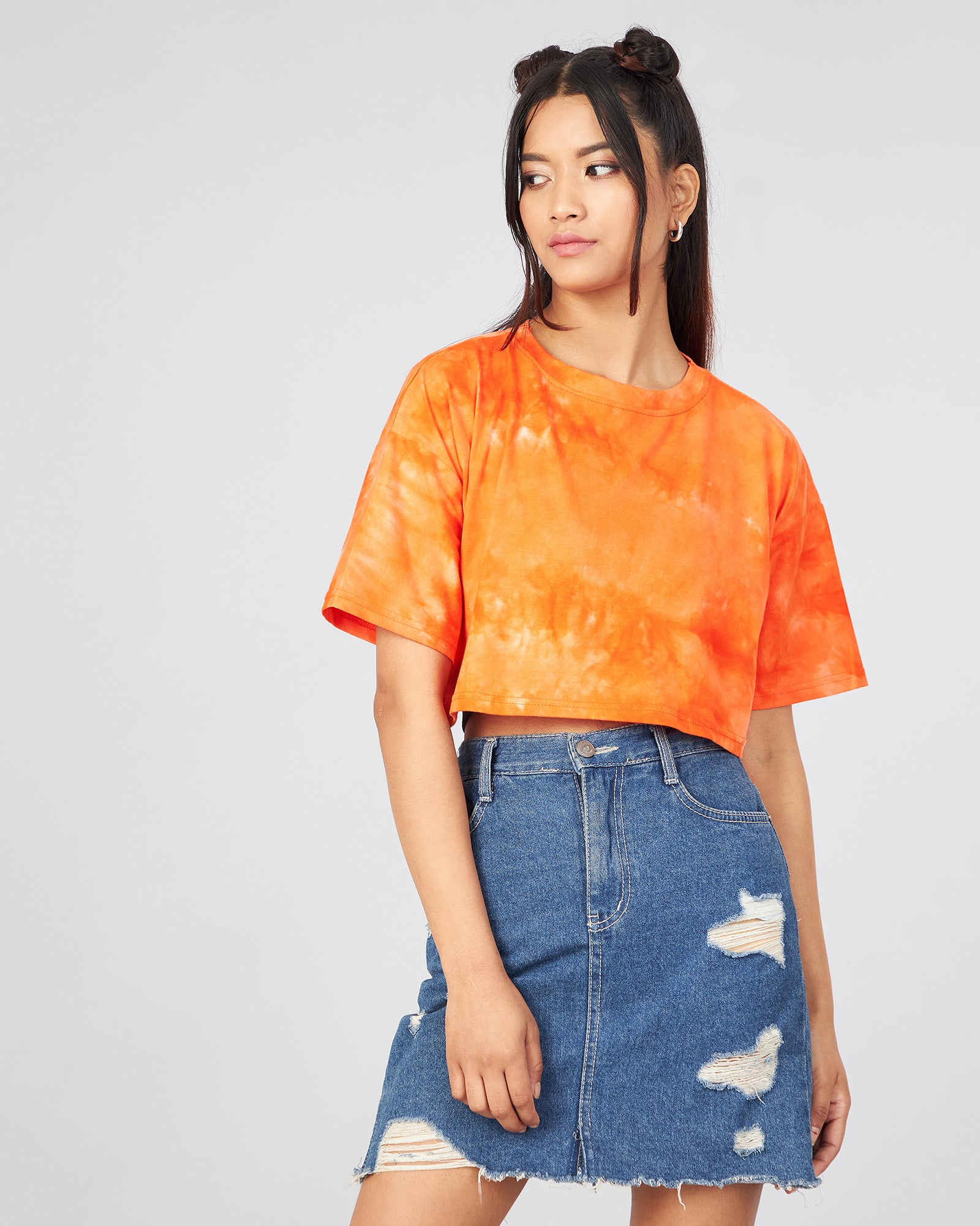 Chimpaaanzee Women Orange Tie & Dye Loose Fit Crop T-shirt