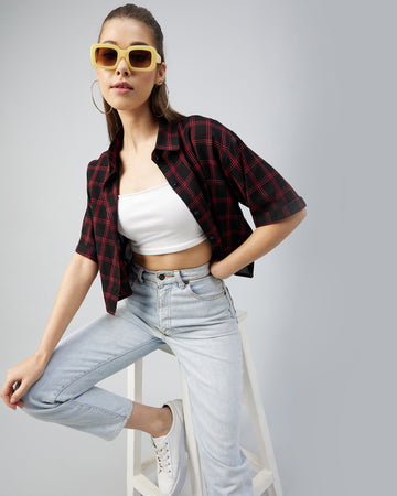 Chimpaaanzee Women Black and Red Folded Sleeve Loose Fit Crop Shirt