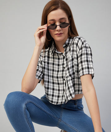 Chimpaaanzee Women Viscose Black and White Checkered Crop Shirt