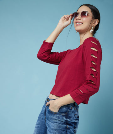 Chimpaaanzee Women Ripped Sleeve Cropped Maroon Tee
