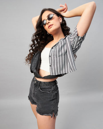 Chimpaaanzee Women Viscose Dark Grey Striped Half Sleeve Crop Shirt