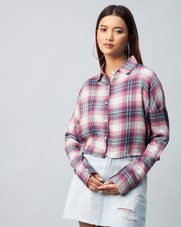 Chimpaaanzee Women Viscose Multicolor Checkered Full Sleeve Drop Shoulder Shirt