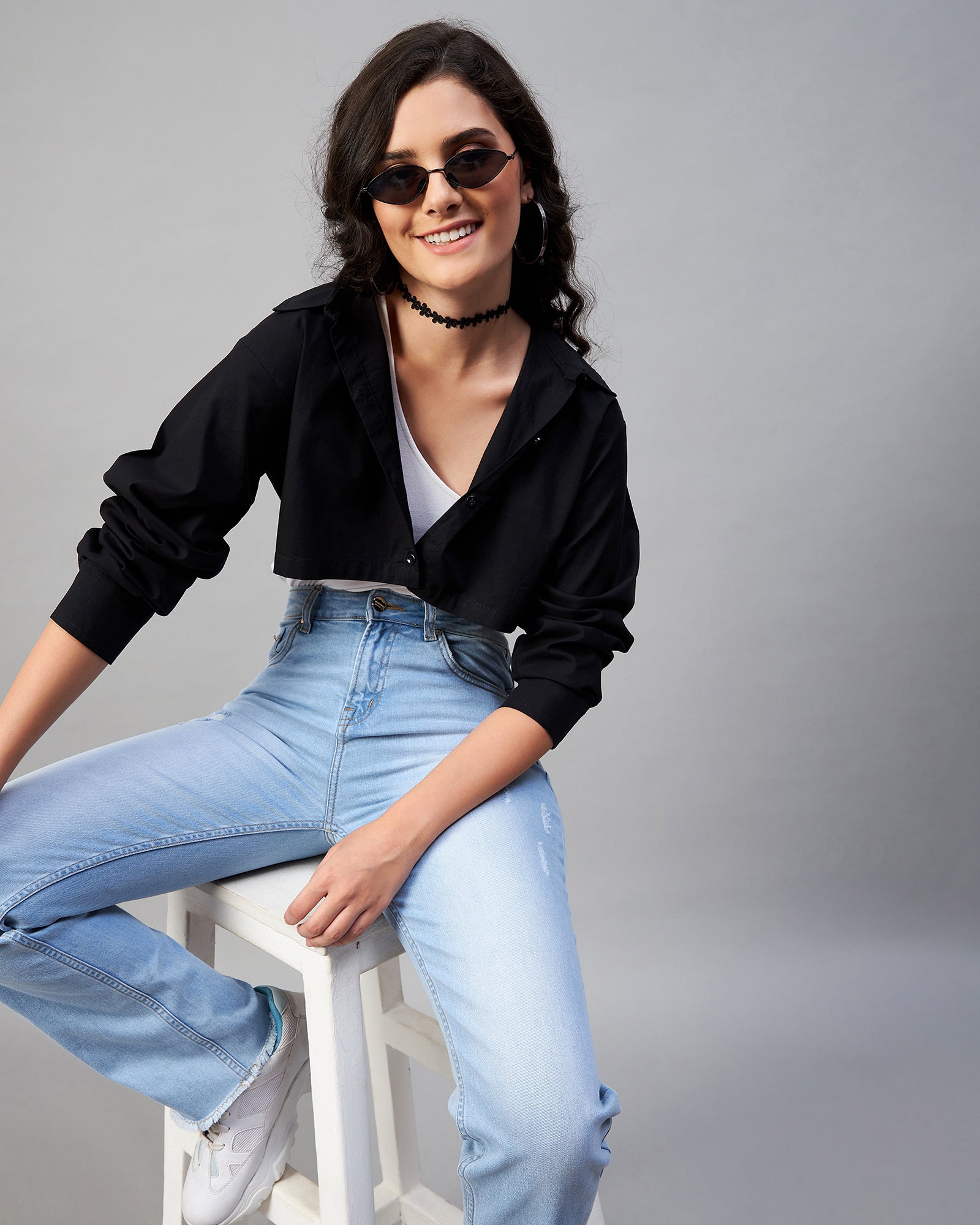 Chimpaaanzee Women Cotton Black Solid Fully Cropped Shirt