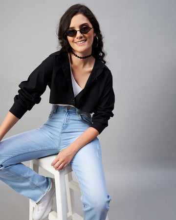 Chimpaaanzee Women Cotton Black Solid Fully Cropped Shirt