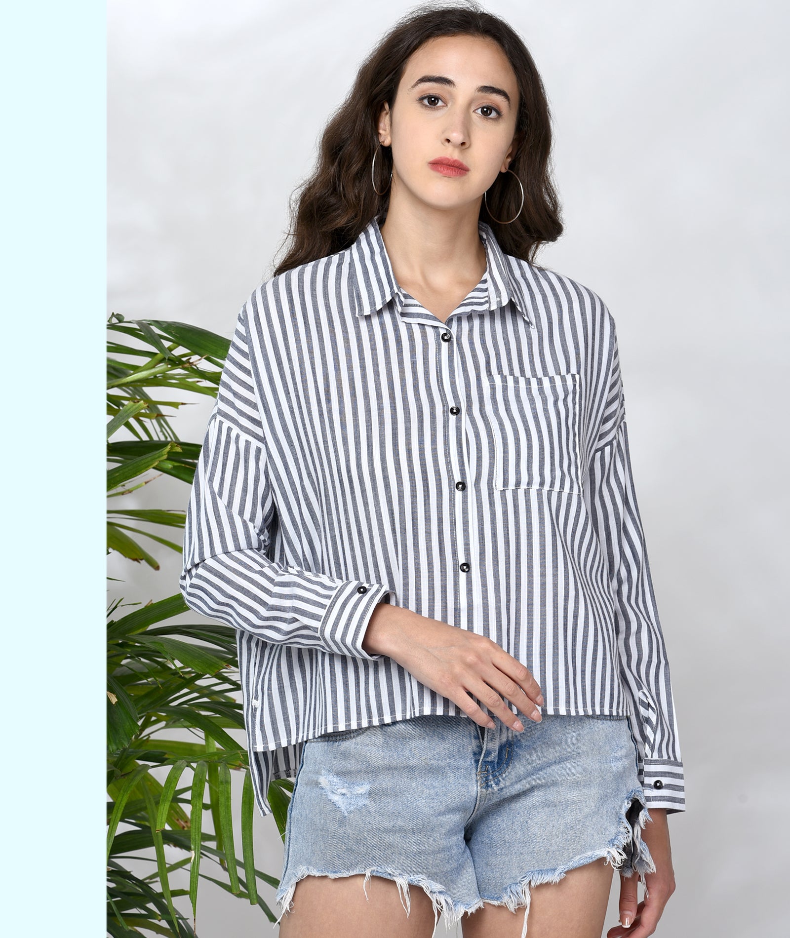 Chimpaaanzee Women Black Viscose Oversized Striped Shirt