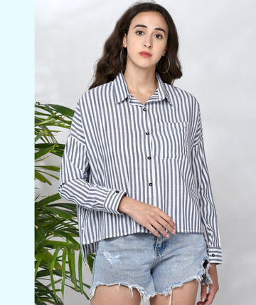 Chimpaaanzee Women Black Viscose Oversized Striped Shirt