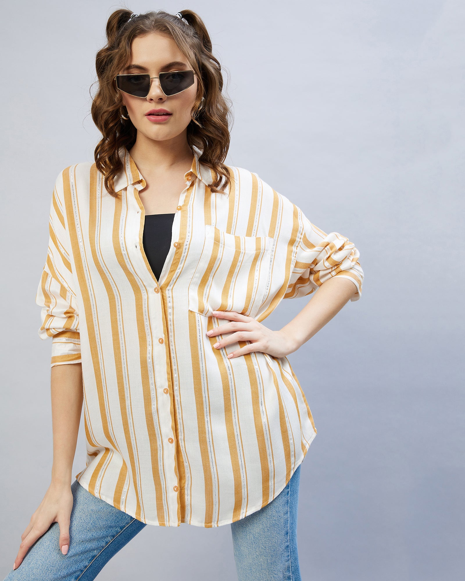 Chimpaaanzee Women Viscose Mustard & White Striped Oversize Fit Shirt