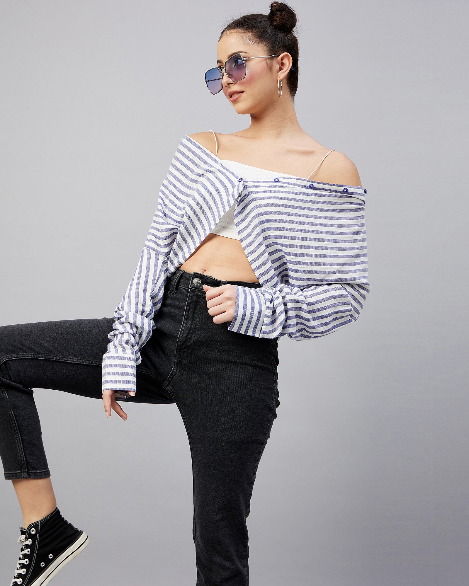 Chimpaaanzee Women Viscose Navy & White Striped Drop Shoulder Crop Shirt