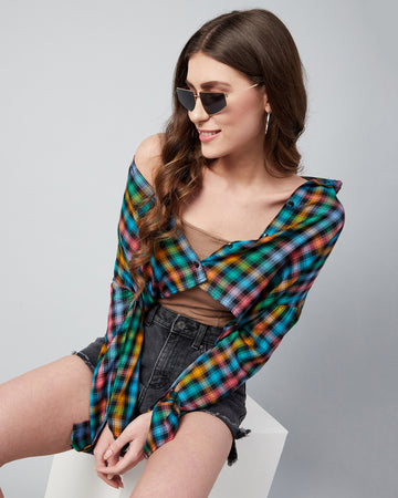 Chimpaaanzee Women Viscose Multicolor Drop Shoulder Crop Shirt
