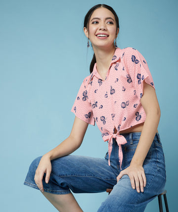 Chimpaaanzee Women Printed Collared Pink Top