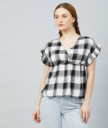 Chimpaaanzee Women Black and White Checks Viscose Peplum Top