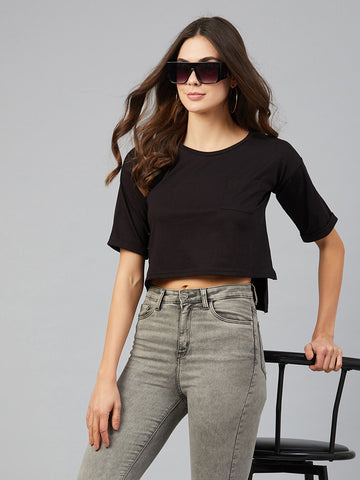 Chimpaaanzee Women Round Neck Assymetrical Crop T-shirt