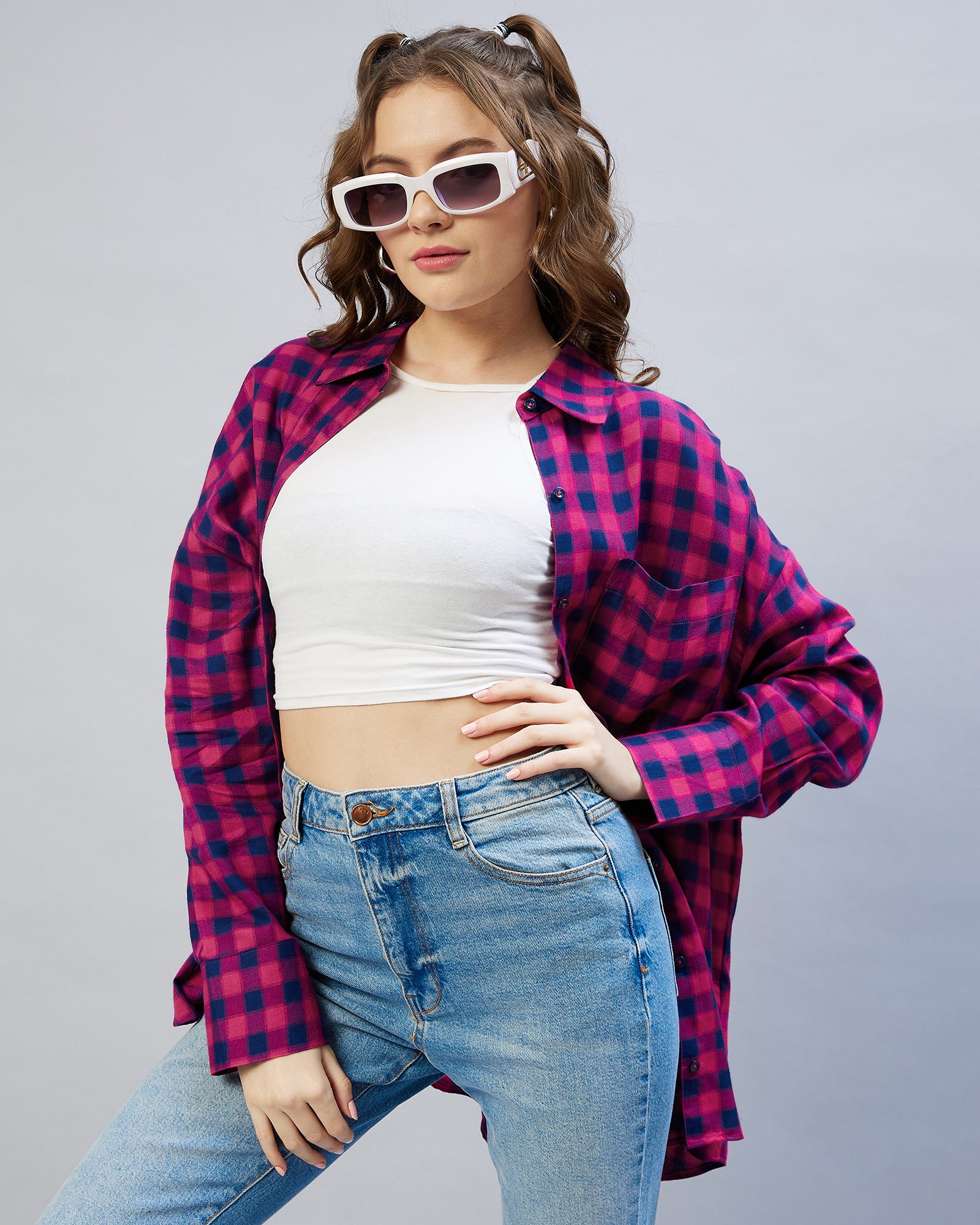 Chimpaaanzee Women Viscose Pink & Blue Checkered Oversize Fit Shirt