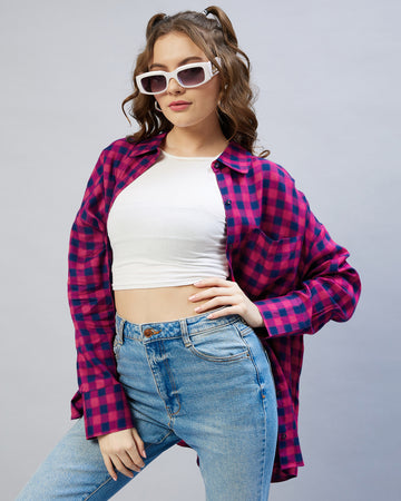Chimpaaanzee Women Viscose Pink & Blue Checkered Oversize Fit Shirt