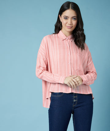Chimpaaanzee Women Viscose Striped Loose Fit Pink Shirt