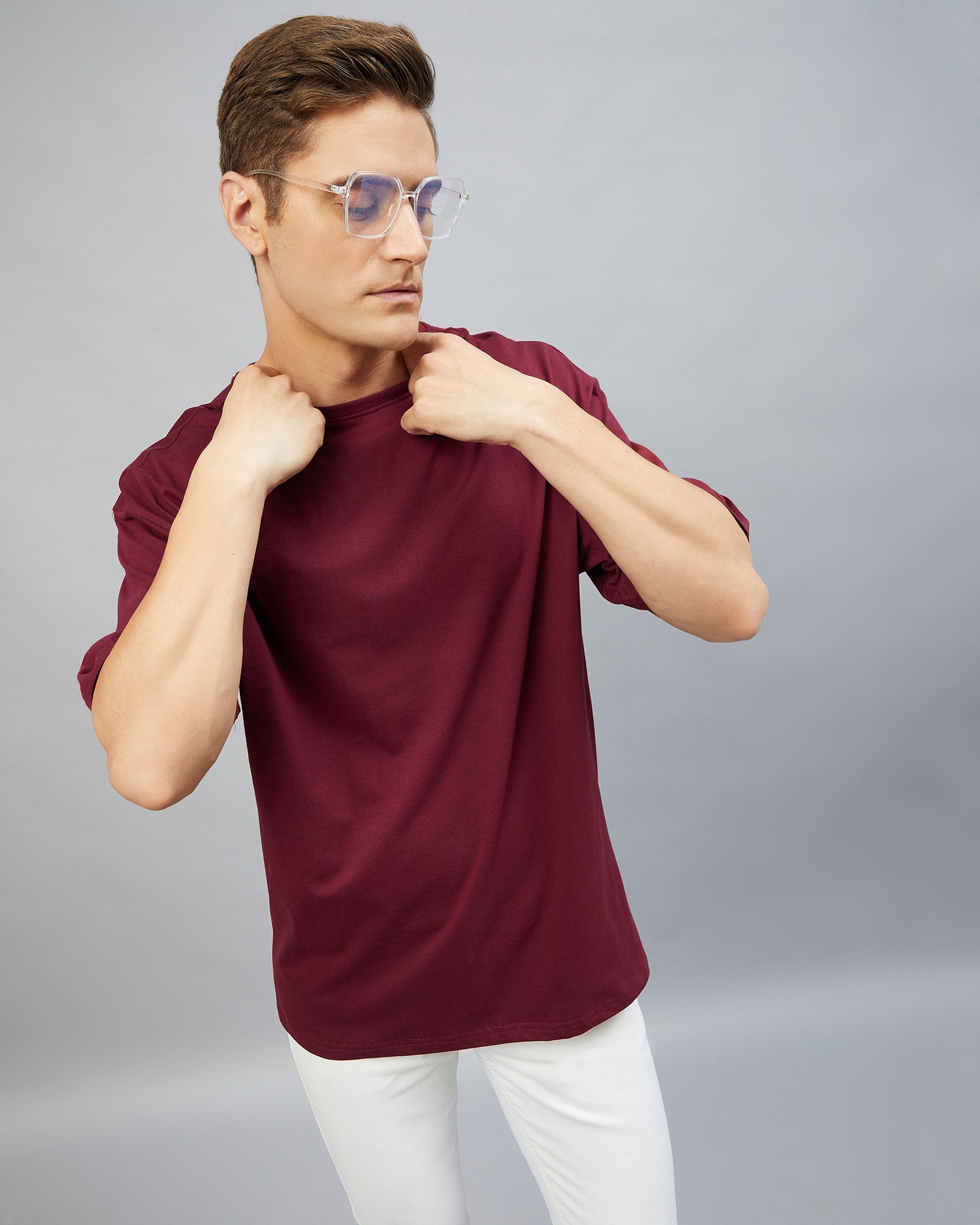 Chimpaaanzee Men Cotton Maroon Solid Oversize Fit T-shirt