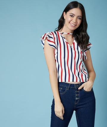 Chimpaaanzee Women Ruffled Sleeve Striped Multicolor Crepe Top