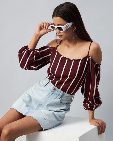 Chimpaaanzee Women Crepe Maroon & White Striped Cold Shoulder Top