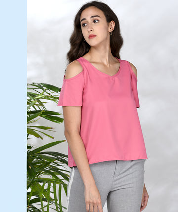 Chimpaaanzee Women Pink Solid Cold Shoulder Top