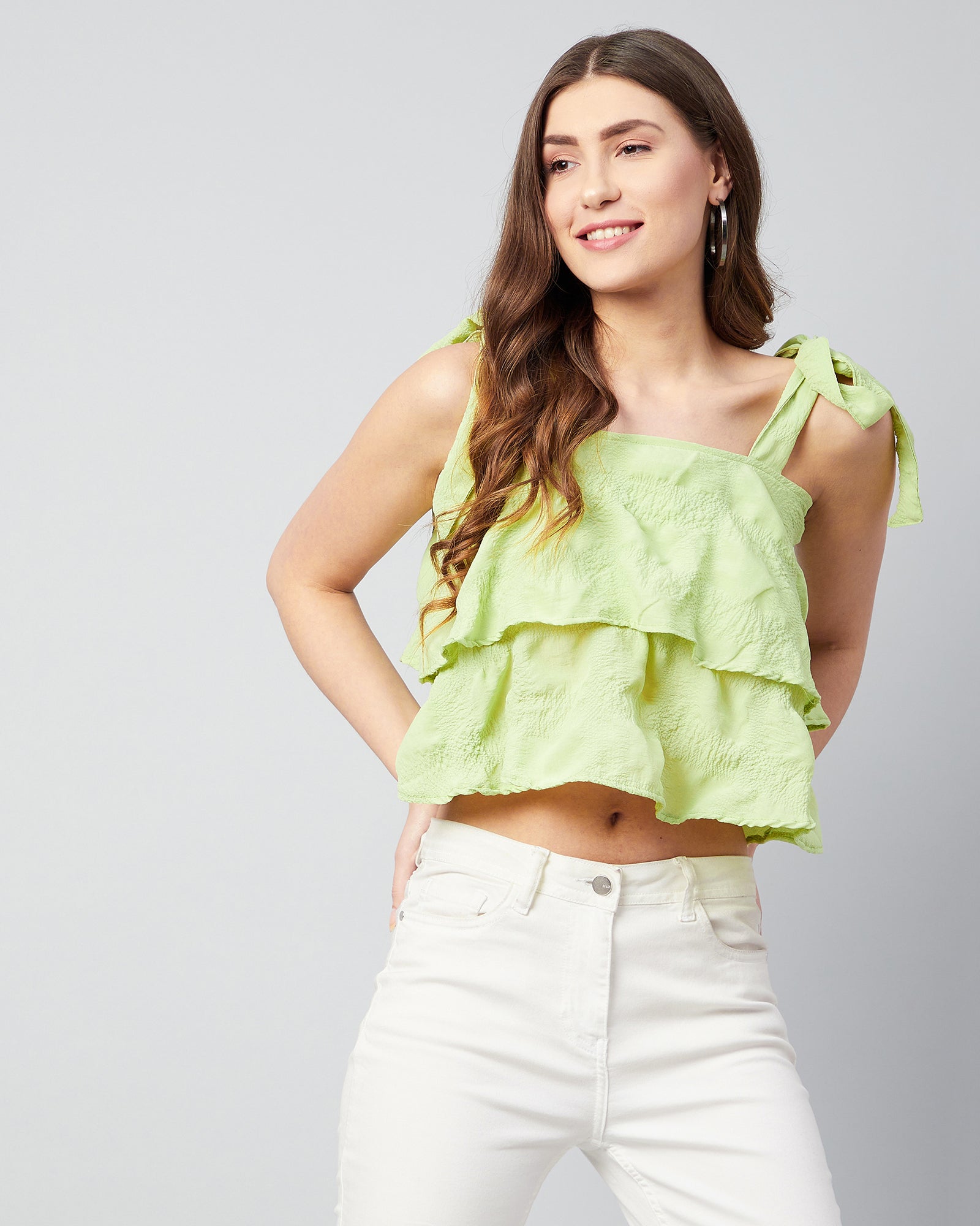 Chimpaaanzee Women Green Double Layered Shoulder Knoted Crop Top