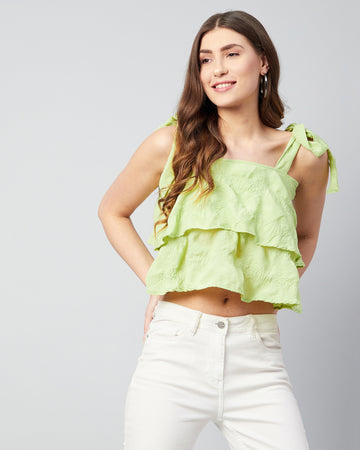Chimpaaanzee Women Green Double Layered Shoulder Knoted Crop Top