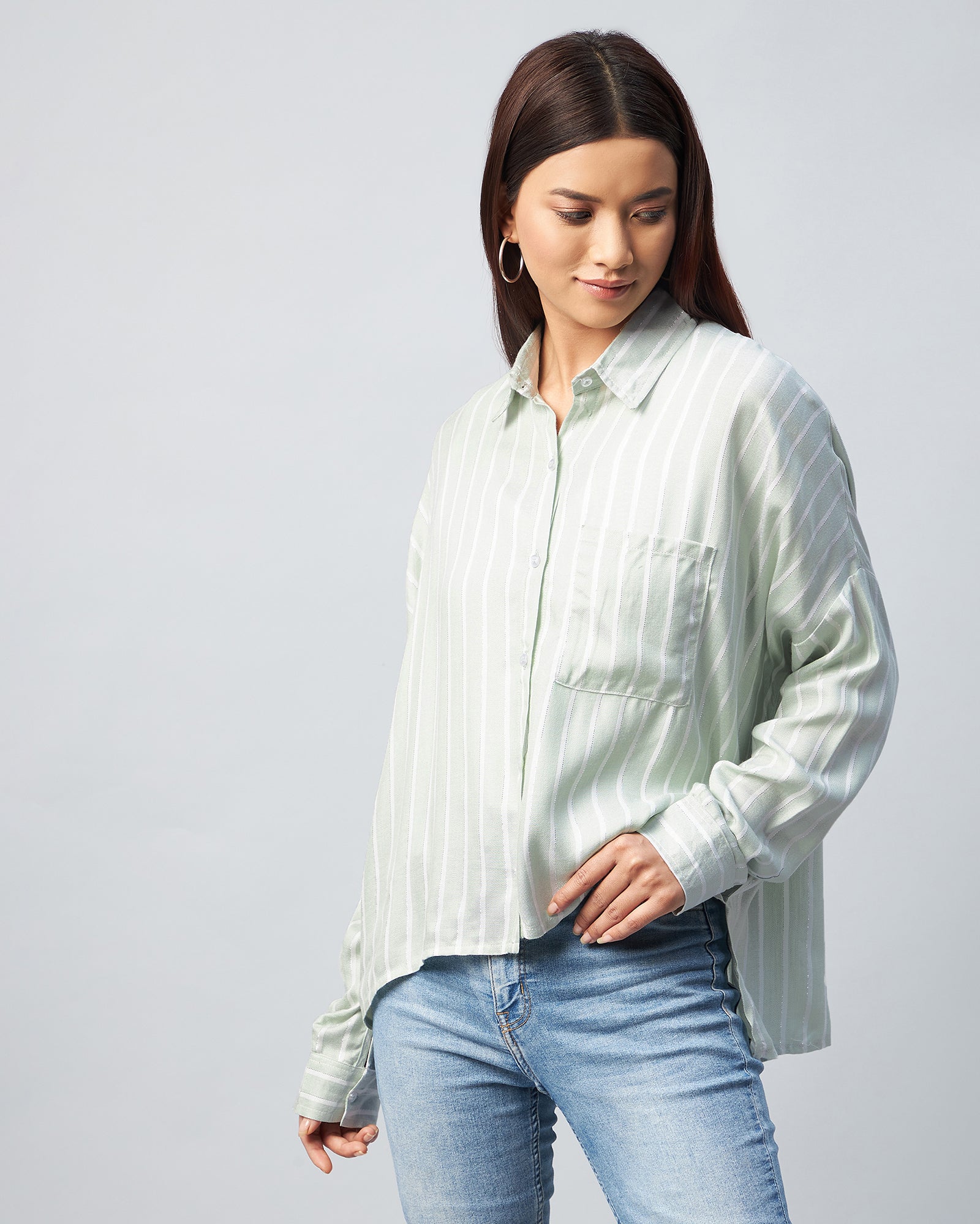 Chimpaaanzee Women Viscose Green & White Striped Oversized Fit Shirt