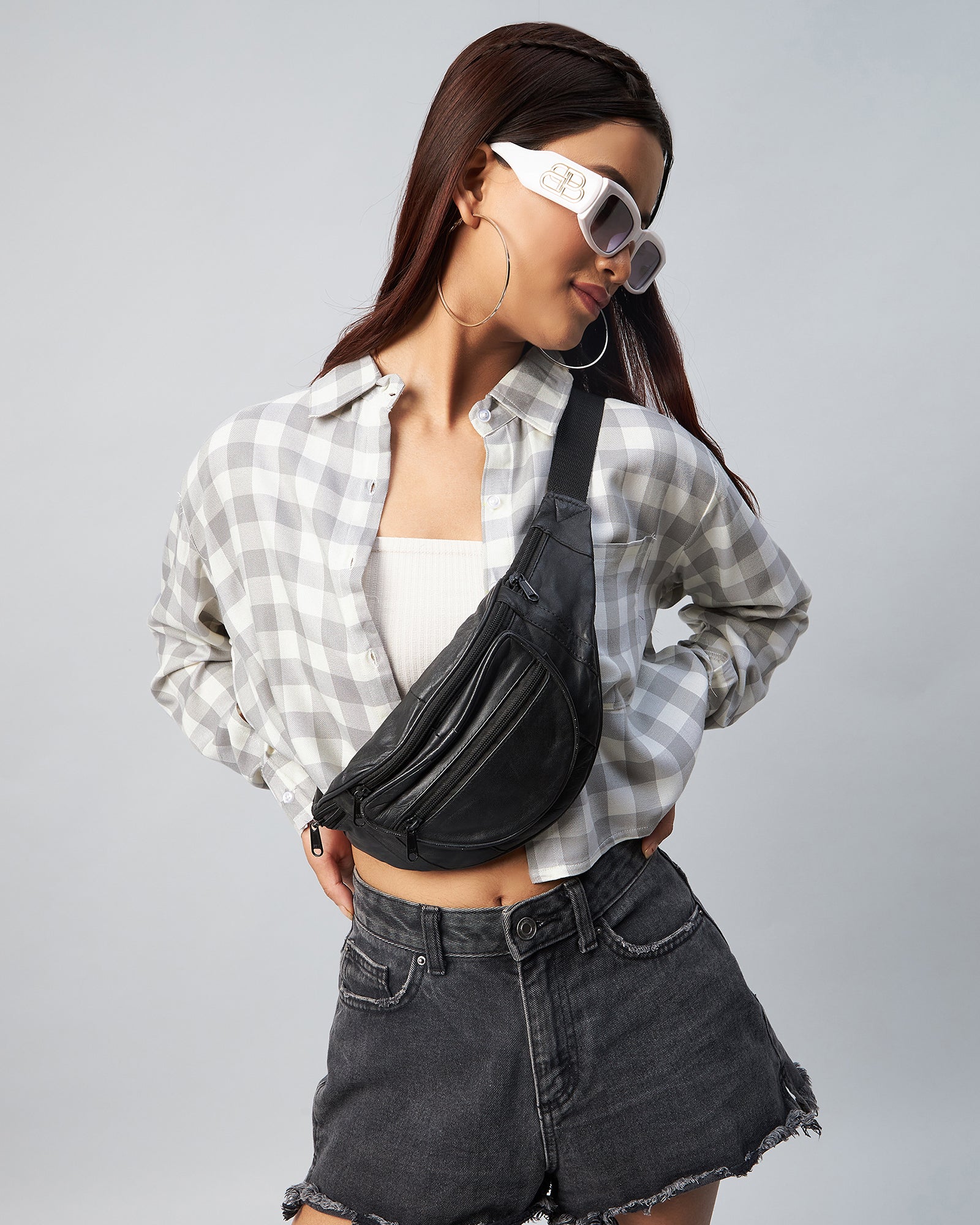 Chimpaaanzee Women Viscose Grey & White Checks Full Sleeve Crop Shirt