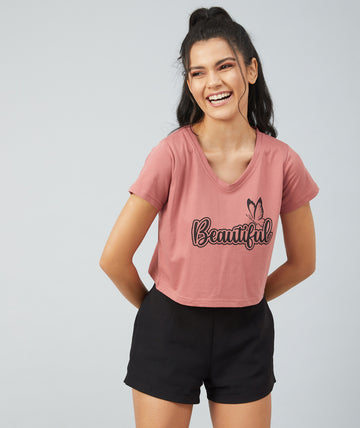 Chimpaaanzee Women Dark Pink V-Neck Crop T-shirt