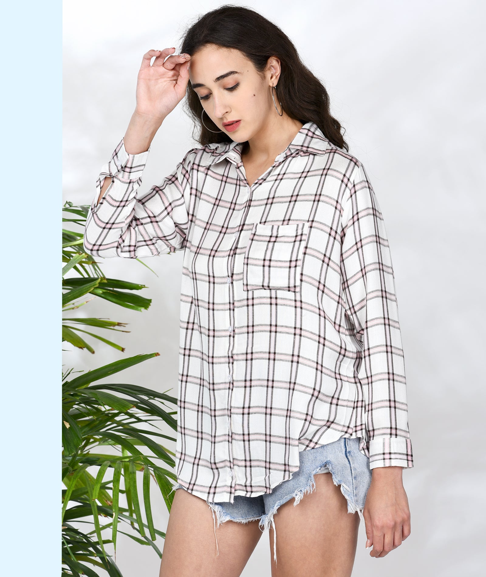 Chimpaaanzee Women White and Pink Viscose Loose Fit Checkered Shirt