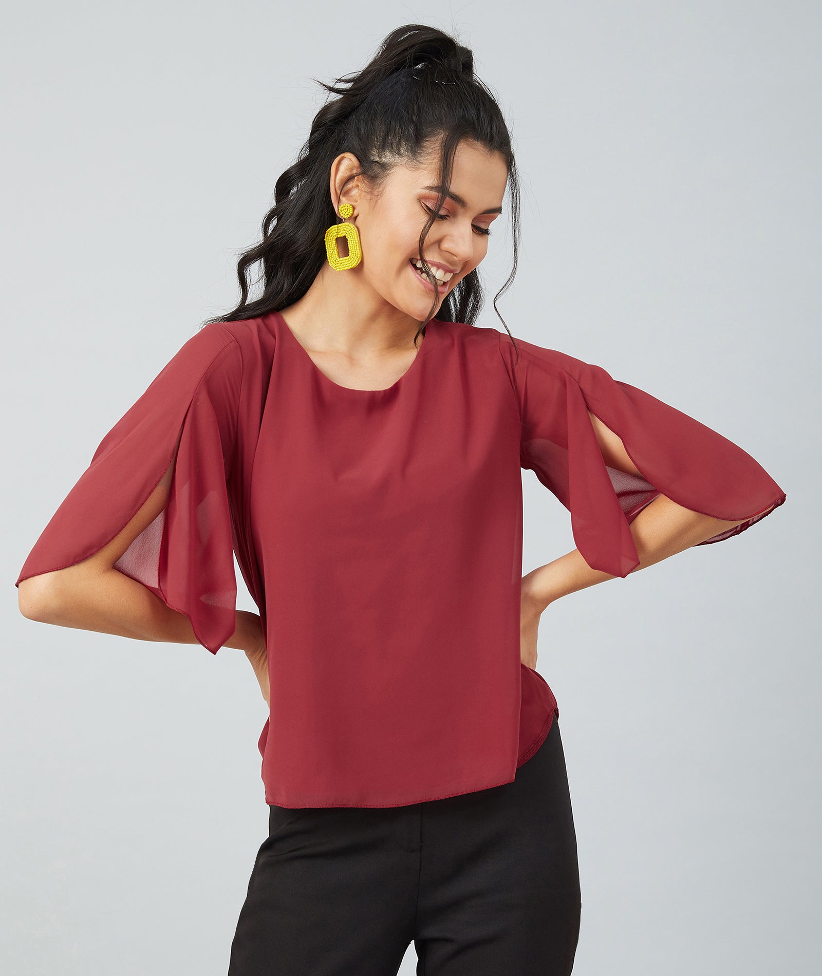 Chimpaaanzee Women Maroon Georgette V neck Cut Sleeve Top