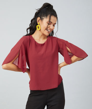 Chimpaaanzee Women Maroon Georgette V neck Cut Sleeve Top