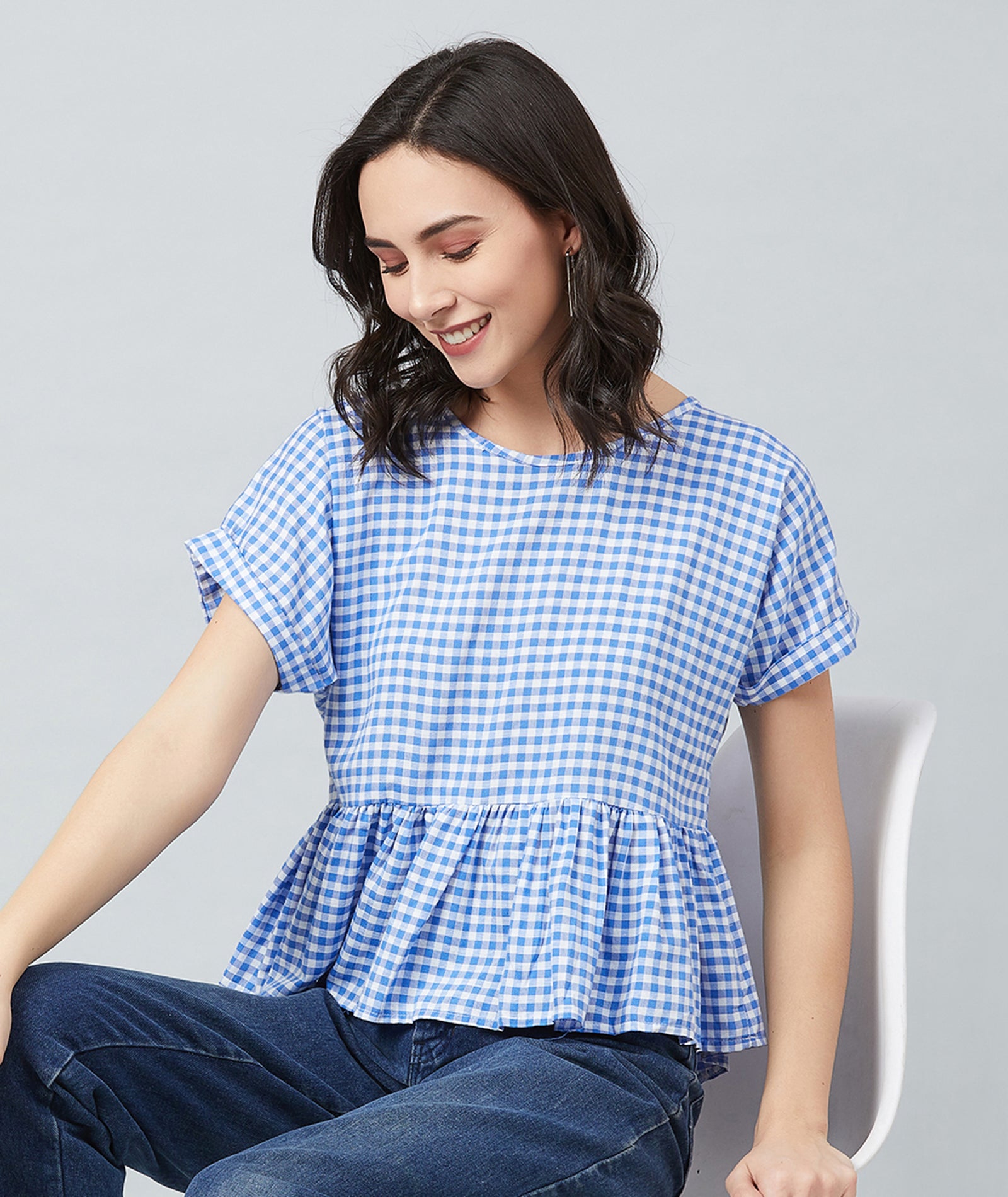 Chimpaaanzee Women Blue Checks Frill Style Top
