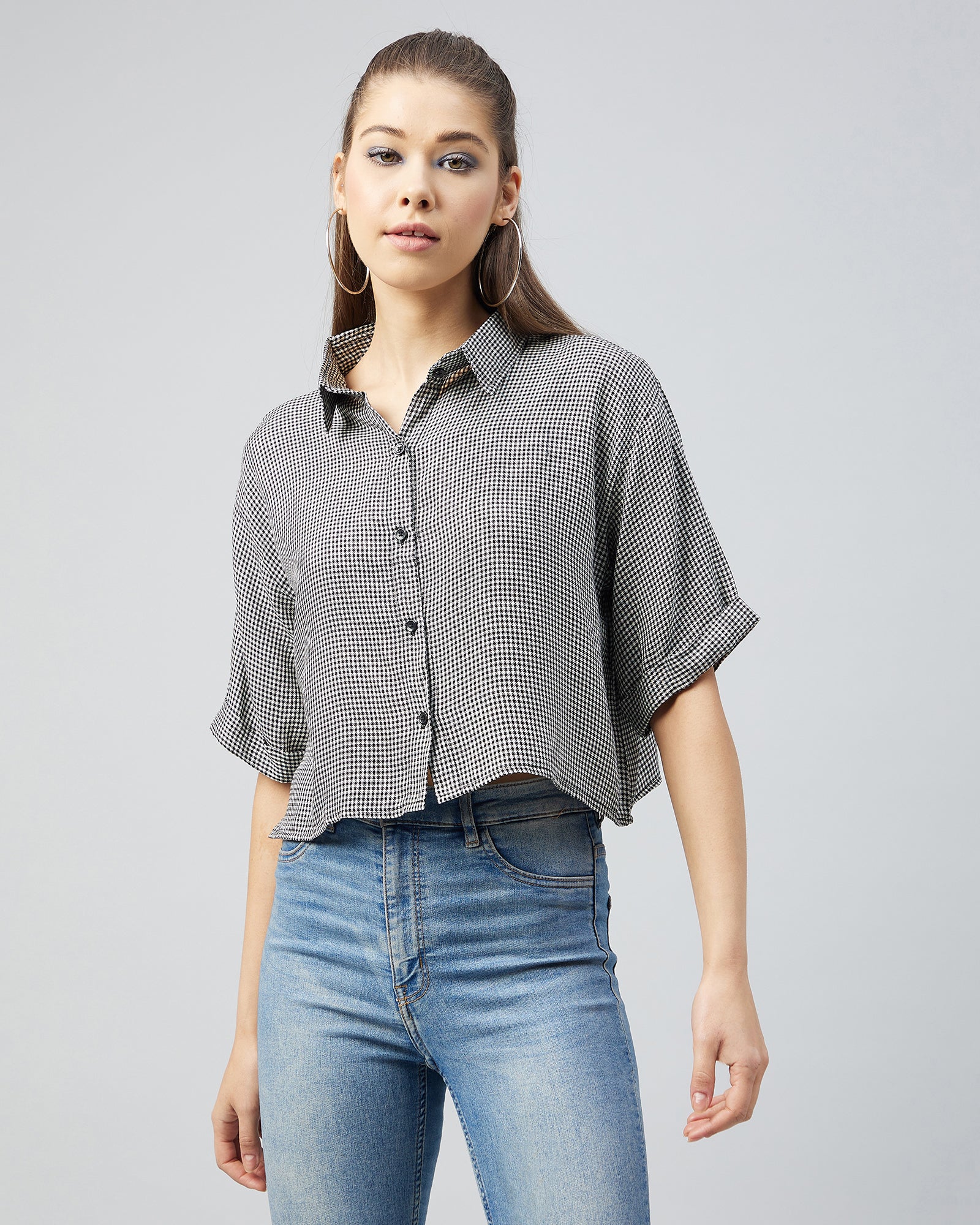 Chimpaaanzee Women Black and White Folded Sleeve Loose Fit Crop Shirt