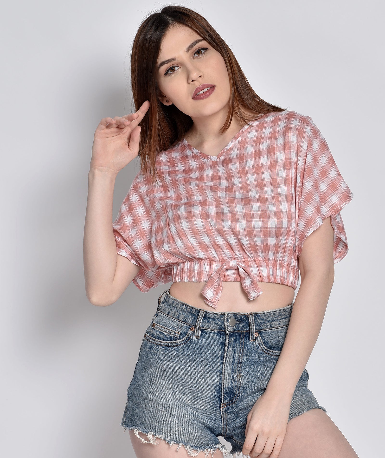Chimpaaanzee Women Checkered Bat Sleeve Pink Top