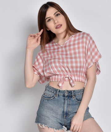 Chimpaaanzee Women Checkered Bat Sleeve Pink Top