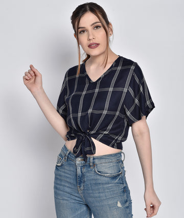 Chimpaaanzee Women Front Knot Checkered Navy Top
