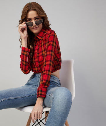 Chimpaaanzee Women Viscose Red and Orange Checkered Crop Shirt