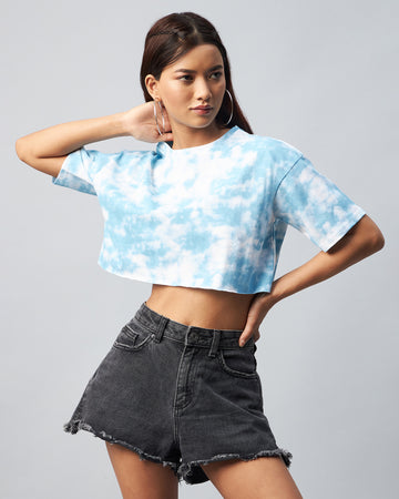 Chimpaaanzee Women Skyblue Tie Dye  Loose Fit Crop T-shirt