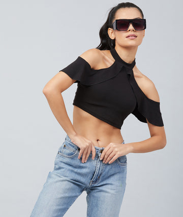 Chimpaaanzee Women Black Cold Shoulder  Style Crop Top