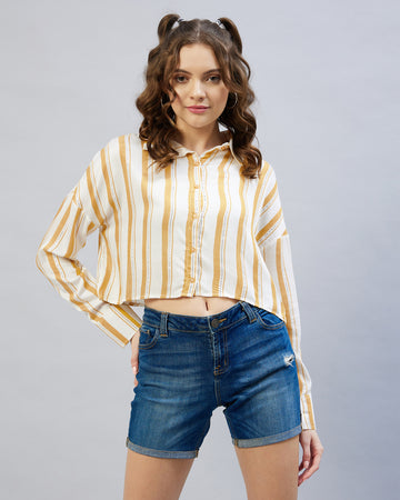 Chimpaaanzee Women Viscose Mustard & White Striped Full Sleeve Drop Shoulder Shirt