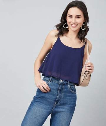Chimpaaanzee Women Navy Georgette strapped Crop Top