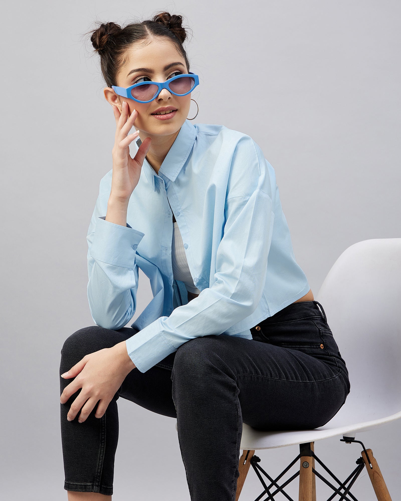 Chimpaaanzee Women Cotton Skyblue Solid Drop Shoulder Crop Shirt