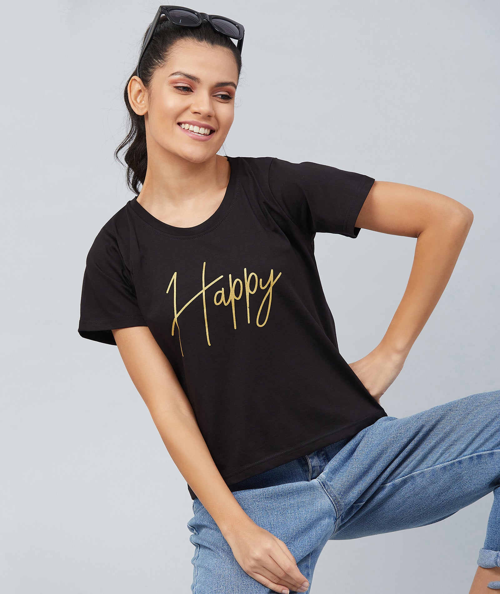 Chimpaaanzee Women Black Round Neck T-shirt